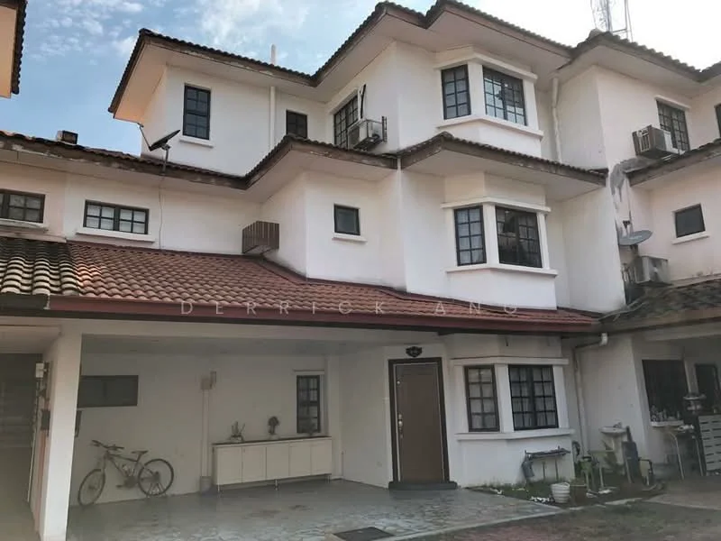 Exterior type: linked terrace house; features: two-storey building, red tiled roof, white painted facade, multiple windows with black frames, front porch area, bicycle parked in front, air conditioning units visible, stone-paved driveway, manicured landscaping, outdoor lighting fixtures; style: modern.