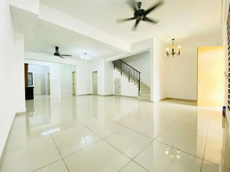 Living features: white painted walls, glossy ceramic tile flooring, 5-blade ceiling fan, recessed downlights, chandelier, staircase with wooden railing, open layout, large windows for natural light; style: modern.