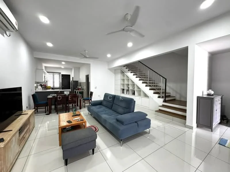 Living features: grey fabric L-shape sectional sofa, wooden coffee table, TV console with storage, wall-mounted TV, white painted walls, glossy white tile flooring, 5-blade ceiling fan, recessed downlights, open-plan layout to dining area, staircase with wooden steps and metal railing, decorative wall shelf, air conditioning unit; style: modern.