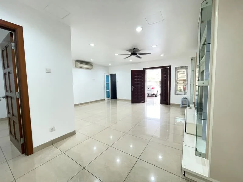 Room features: white painted walls, glossy tile flooring, 5-blade ceiling fan with light, wall-mounted split AC, double-door main entrance, glass display cabinet, interior door with wooden frame, natural light from windows, recessed downlights; style: modern.