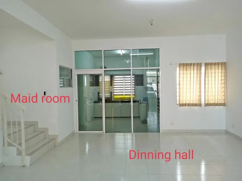 Dining features: white painted walls, ceramic tile flooring, large glass sliding door, window with sheer curtains, recessed ceiling lights, open layout, neutral color scheme, space for dining table; style: modern. Maid room features: white painted walls, ceramic tile flooring, window with blinds, door leading to dining hall, neutral color scheme; style: modern.