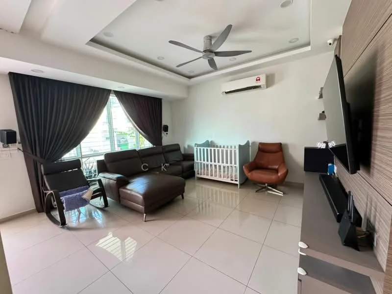Living features: 5-blade ceiling fan, recessed downlights, floor-to-ceiling windows, dark brown leather sofa, brown leather armchair, white crib, TV mounted on wall, light grey wall, cream tiled flooring, black TV console, curtains in dark fabric, decorative wall paneling; style: modern; view: garden.