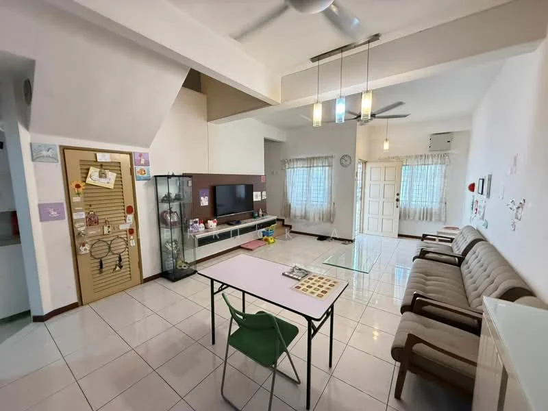 Living features: white painted walls, glossy tile flooring, ceiling fan with light, sofa with beige upholstery, glass coffee table, TV console, wall-mounted TV, curtains on windows, decorative wall art, glass display cabinet, dining table with chairs; style: modern.