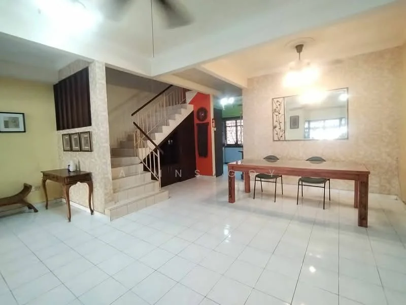 Dining features: white tiled flooring, yellow painted wall, cream wallpaper with floral pattern, wooden dining table, 4 black dining chairs, ceiling fan, recessed downlights, staircase leading to upper floor, decorative wall mirror, framed artwork, open space layout; style: modern. Room features: white tiled flooring, cream wallpaper with floral pattern, yellow painted wall, ceiling fan, recessed downlights.