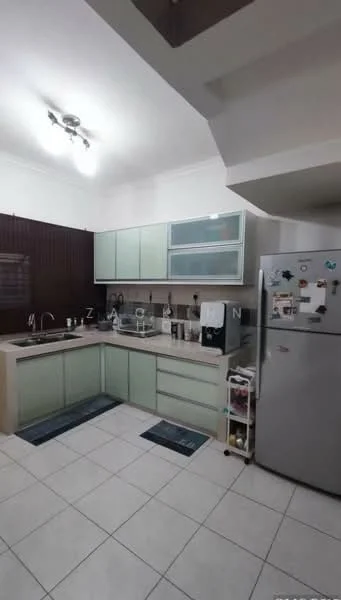 Kitchen features: light green cabinetry, stainless-steel sink, chrome pull-down faucet, built-in oven, freestanding refrigerator, ceramic tile flooring, recessed ceiling lights, countertop with storage, window with blinds, wall-mounted shelves; style: modern.
