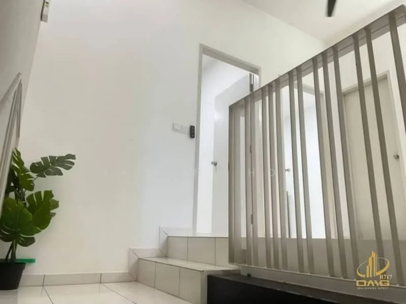 Room features: white painted walls, white ceiling, tile flooring, staircase with white tiles, metal railing, indoor plant, doorway leading to other rooms, natural light from windows; style: modern.