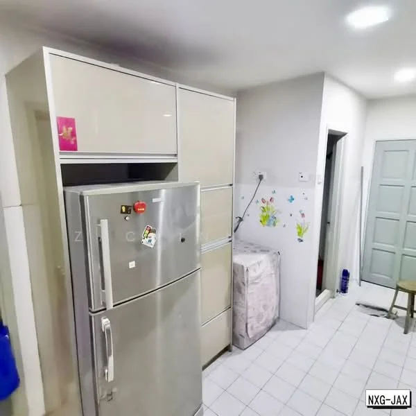 Kitchen features: stainless-steel fridge, built-in cabinetry with glossy finish, white tiled flooring, washing machine, wall-mounted electrical outlets, decorative wall stickers, single-bowl stainless-steel sink, countertop space, doorway leading to another room; style: modern.