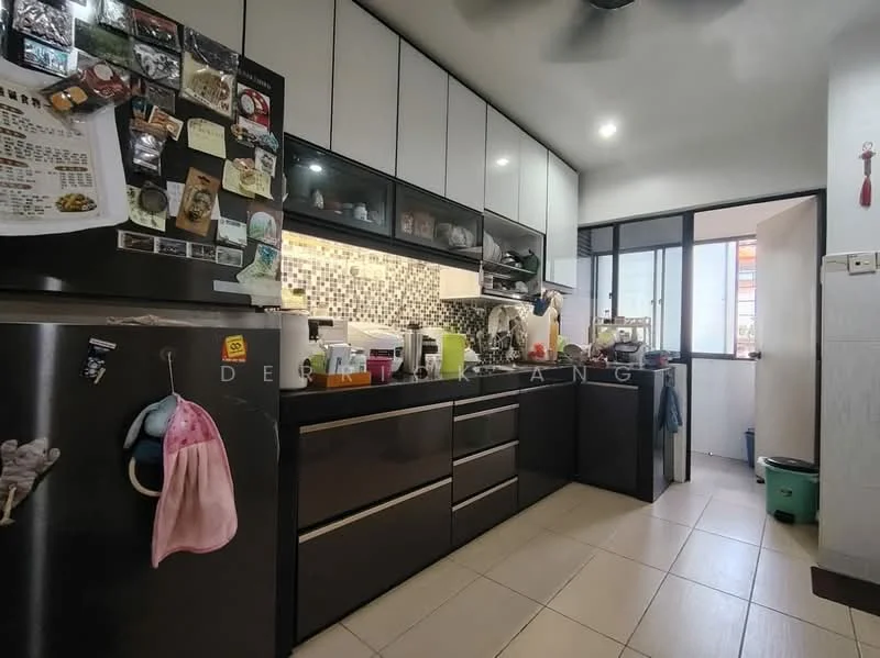 Kitchen features: black cabinetry with glossy finish, white countertop, stainless-steel fridge, built-in oven, 4-burner gas hob, black mosaic tile backsplash, single-bowl stainless-steel sink, chrome pull-down faucet, wall-mounted ceiling fan, tile flooring, open shelving, decorative magnets on fridge, kitchen utensils visible on countertop, window with black frame, multiple kitchen appliances; style: modern.