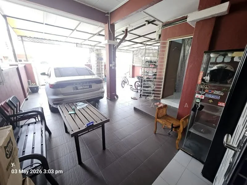 Exterior type: linked terrace house; features: car porch with awning, grey tiled flooring, metal gate, open-air space, outdoor seating area with benches, vending machine, bicycle visible, wall-mounted security grill; style: modern.
