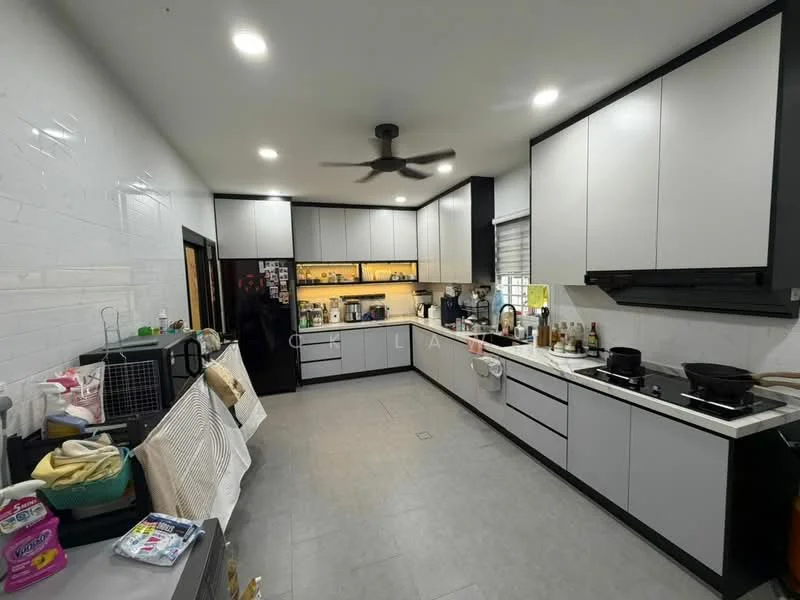 Kitchen features: grey and white cabinetry, stainless-steel sink, chrome pull-down faucet, black countertop, built-in oven, freestanding range oven, microwave, refrigerator, 5-blade ceiling fan, tile flooring, wall-mounted cabinets, open shelving, LED under-cabinet lighting, window with blinds; style: modern.