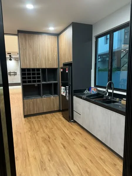 Kitchen features: black granite countertop, grey laminate cabinetry, wooden cabinetry with natural finish, stainless-steel fridge, single-bowl stainless-steel sink, chrome pull-down faucet, open shelving, wine rack, wooden flooring, large window, recessed downlights; style: modern.