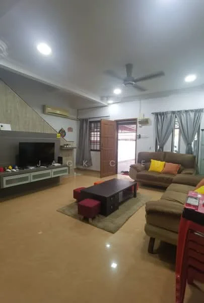 Living features: 3-seater fabric sofa in brown, 2-seater fabric sofa in beige, coffee table with dark wood finish, TV console with storage, wall-mounted TV, ceiling fan, recessed downlights, cream painted walls, marble tile flooring, curtains in grey, decorative cushions in yellow and orange, area rug with neutral tones; style: contemporary.