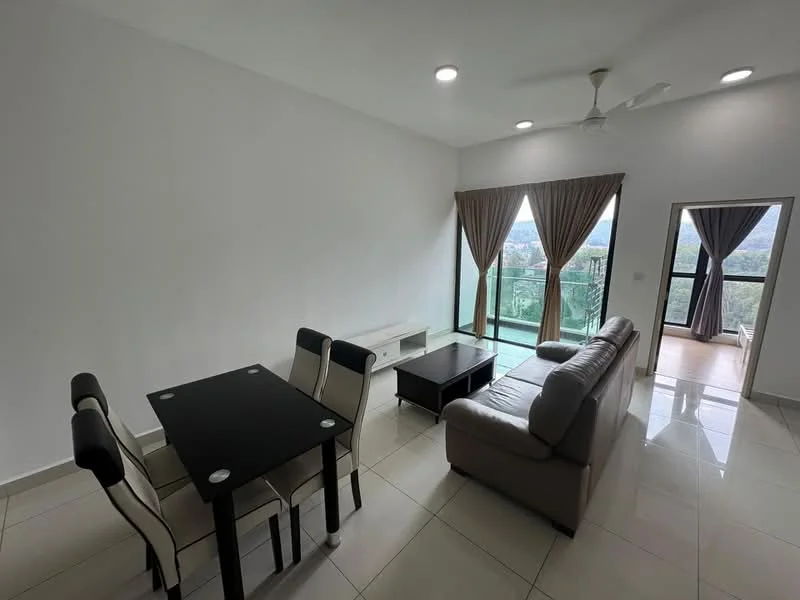 Living features: white painted walls, tile flooring, 5-blade ceiling fan, sofa in beige, coffee table, 4-seater dining table with black tabletop, floor-to-ceiling windows, curtains in brown, balcony door with glass panel; style: modern; view: city.