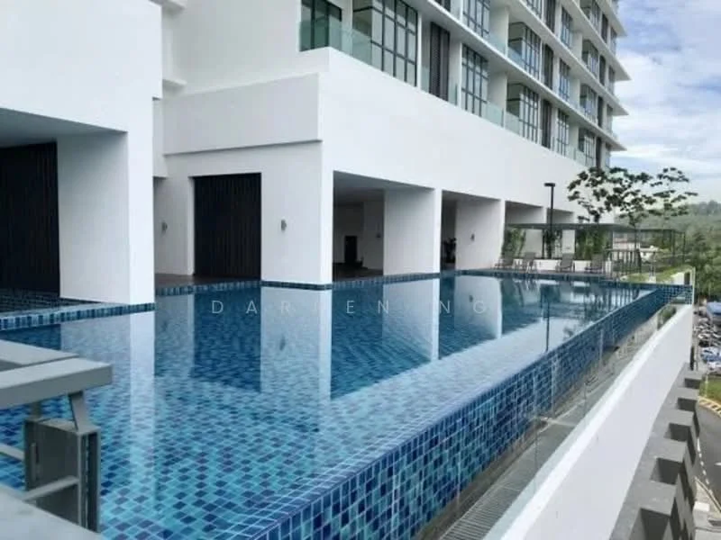 Exterior type: high-rise condominium; features: infinity pool, pool deck with loungers, glass railing, blue mosaic tile, white painted facade, large windows, landscaped area with trees, modern architectural design; style: modern.