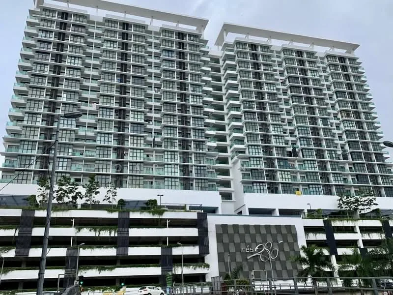 Exterior type: high-rise condominium; features: glass curtain wall, white painted facade, recessed balconies, multiple storeys, landscaped ground level, parking deck, modern architectural design; style: modern.