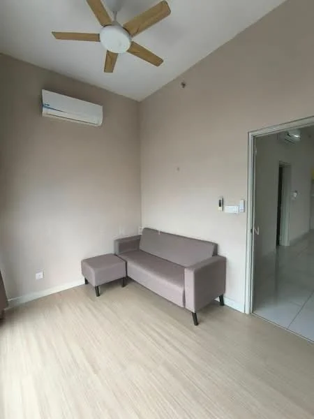 Living features: light wood laminate flooring, beige painted walls, 5-blade ceiling fan, wall-mounted split AC, 2-seater fabric sofa in light grey, small side table, doorway leading to another room, window with natural light; style: modern.