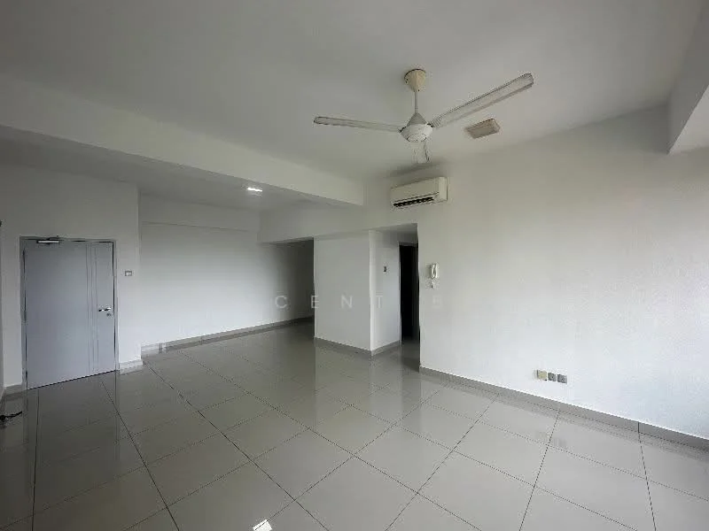 Room features: white painted walls, grey tiled flooring, 5-blade ceiling fan, 1 wall-mounted split AC, recessed downlights, door leading to hallway, door leading to another room, no visible furniture or decor; style: modern.