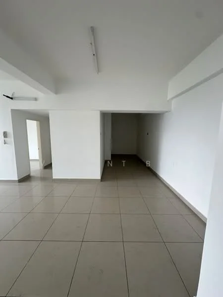 Room features: white painted walls, tile flooring, recessed lighting, open layout, large windows, neutral color scheme, no visible furniture, high ceiling; style: modern.