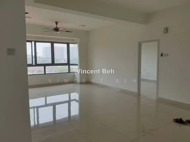 Living features: white painted walls, polished ceramic tile flooring, 5-blade ceiling fan with light, floor-to-ceiling windows, city view, neutral color scheme, recessed lighting, open layout; style: modern; view: city.