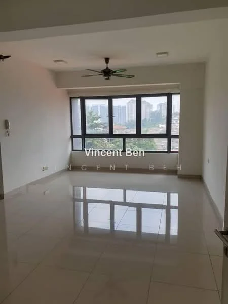 Living features: large floor-to-ceiling windows, white painted walls, polished ceramic tile flooring, 5-blade ceiling fan with light, city skyline view, recessed downlights, neutral color scheme, open layout; style: modern; view: city.