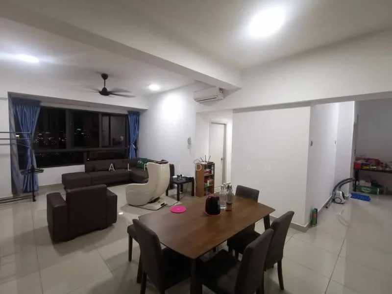 Living features: 3-seater brown leather sofa, 2-seater white accent chair, wooden dining table with 4 chairs, floor-to-ceiling windows, blue curtains, ceiling fan, recessed downlights, tile flooring, wall-mounted air conditioning unit, decorative items on table; style: modern; view: city. Room features: white painted walls, open layout, additional furniture visible.