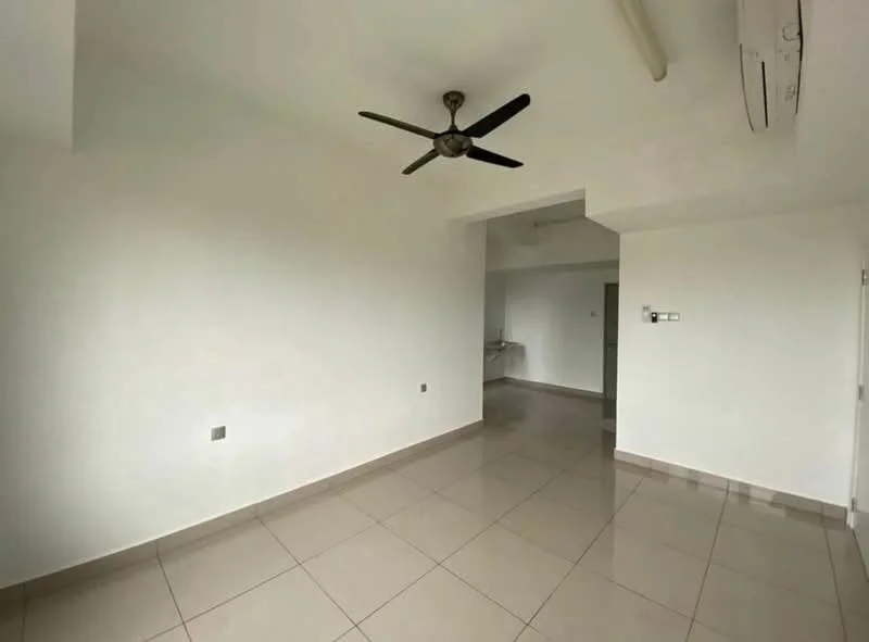 Room features: white painted walls, polished ceramic tile flooring, 5-blade ceiling fan, wall-mounted split AC, open layout, no visible furniture, neutral color scheme, natural light from windows; style: modern.