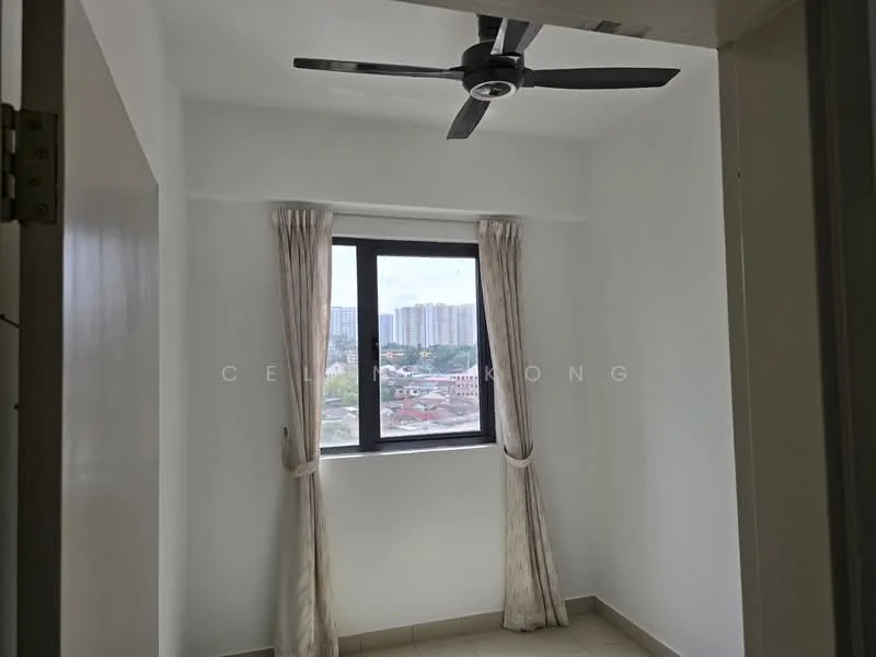 Bedroom features: white painted walls, tile flooring, floor-to-ceiling window, sheer curtains, 5-blade ceiling fan, city view; view: city.