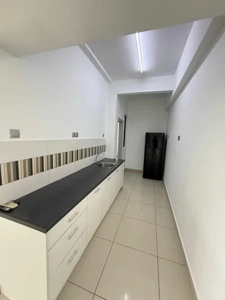 Kitchen features: white cabinetry, black countertop, ceramic tile flooring, striped backsplash, refrigerator, wall-mounted light fixture, single-bowl stainless-steel sink, drawer storage, counter space, neutral wall color; style: modern.