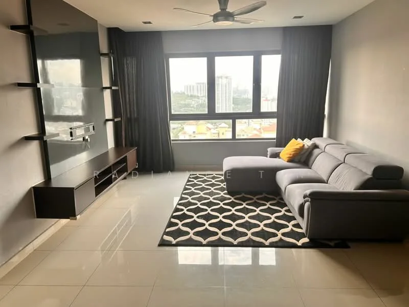 Living features: grey fabric L-shape sectional sofa, black and white area rug with geometric pattern, wall-mounted TV, dark wood TV console, floor-to-ceiling windows, city skyline view, 5-blade ceiling fan with light, black curtains, white painted walls, glossy tile flooring; style: modern; view: city.