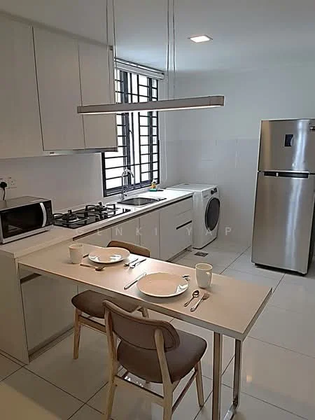 Kitchen features: white cabinetry, stainless-steel fridge, built-in oven, 4-burner gas hob, microwave, single-bowl stainless-steel sink, chrome pull-down faucet, white tiled backsplash, white walls, white tile flooring, window with black grille, recessed downlights, washing machine; style: modern.