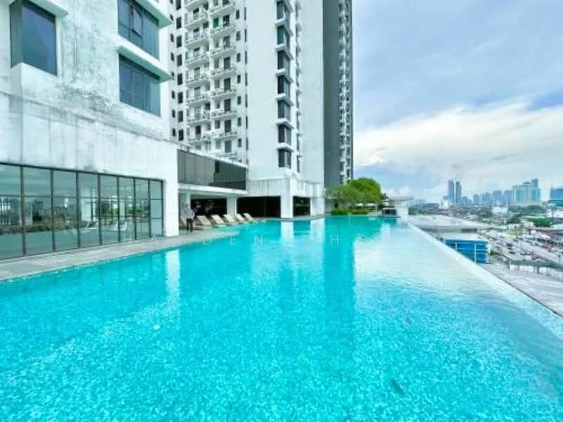 Exterior type: high-rise condominium; features: infinity pool, pool deck with loungers, glass curtain wall, concrete facade, surrounded by city skyline, landscaped area with trees; style: modern.
