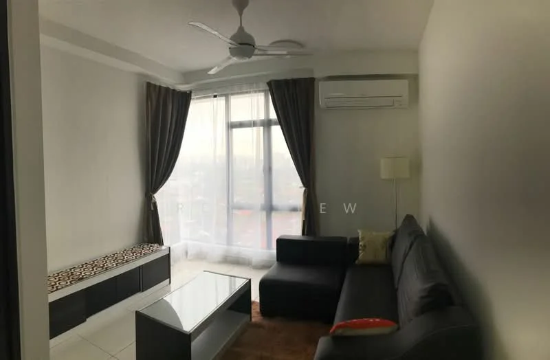 Living features: grey fabric sofa, coffee table, floor-to-ceiling windows, sheer curtains, dark wood console, ceiling fan, wall-mounted air conditioning unit, decorative cushion, tile flooring, light-colored walls; style: modern; view: city.