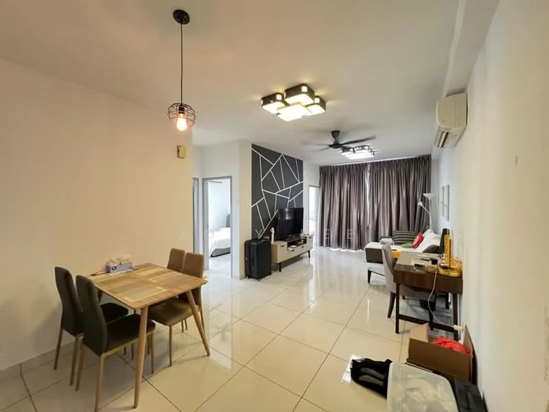 Living features: white painted walls, glossy white tile flooring, ceiling fan with light, recessed ceiling lights, black accent wall with geometric design, wall-mounted TV, sofa in light color, coffee table, dining table with four chairs, curtains in dark color, air conditioning unit; style: modern.