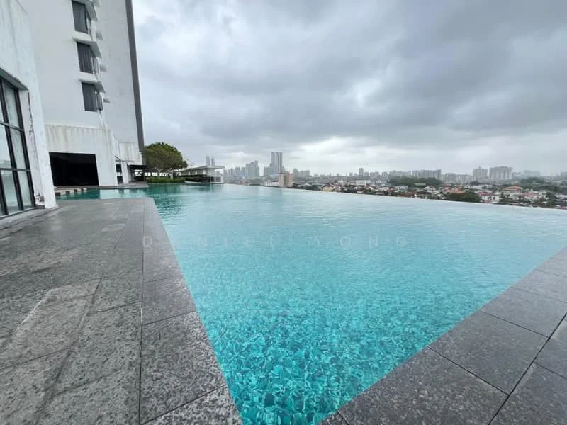Exterior type: high-rise condominium; features: infinity pool, pool deck with loungers, glass railing, granite paving, city skyline view, surrounded by greenery; style: modern.
