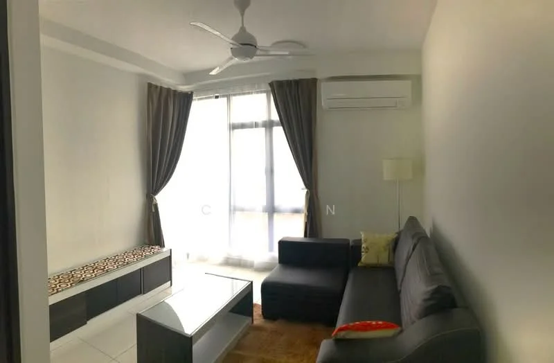 Living features: grey fabric sofa, coffee table, floor-to-ceiling windows, sheer curtains, wall-mounted split AC, ceiling fan, light-colored walls, tile flooring, decorative throw pillow, wooden bench, area rug; style: modern.