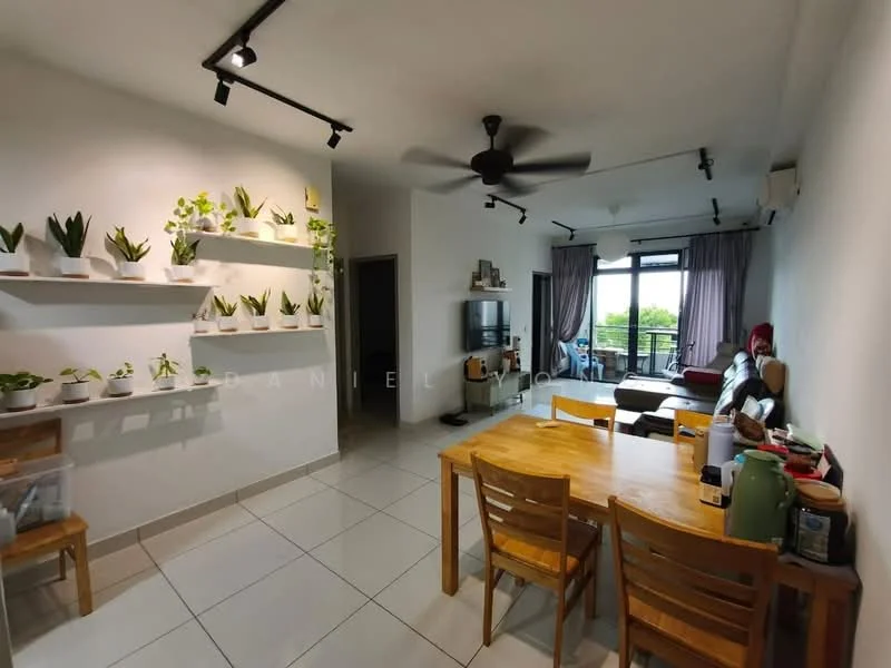 Dining features: dining table with wooden finish, 4 wooden dining chairs, white walls, recessed downlights, ceiling fan, tile flooring, open shelving with potted plants, wall-mounted TV, curtains, sofa in living area visible, balcony door, greenery view from balcony; style: modern; view: garden.