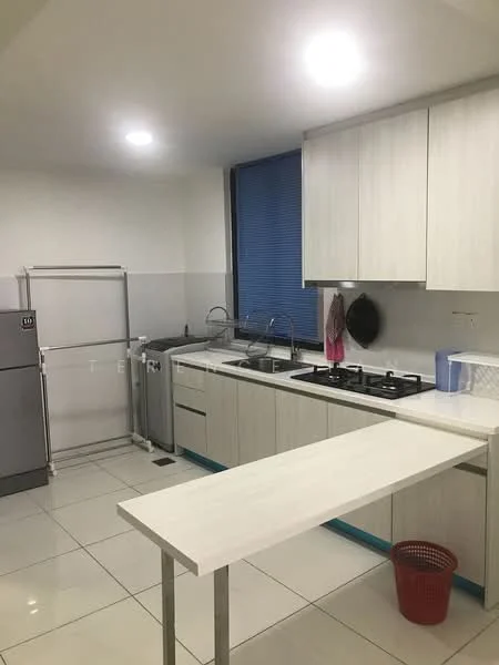 Kitchen features: white laminate cabinetry, stainless-steel sink, chrome pull-down faucet, 4-burner gas hob, built-in oven, white countertop, ceramic tile flooring, refrigerator, washing machine, window with blue blinds, LED ceiling lights, open shelving, trash bin; style: modern.