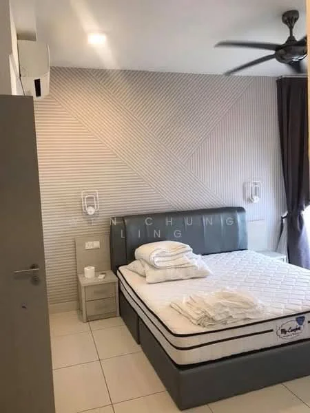 Bedroom features: queen-size bed, upholstered headboard, bedside lamps, wall-mounted air conditioning unit, ceiling fan, white painted walls with textured design, floor-to-ceiling window with curtains, tile flooring, nightstand, bedding and pillows; style: modern.