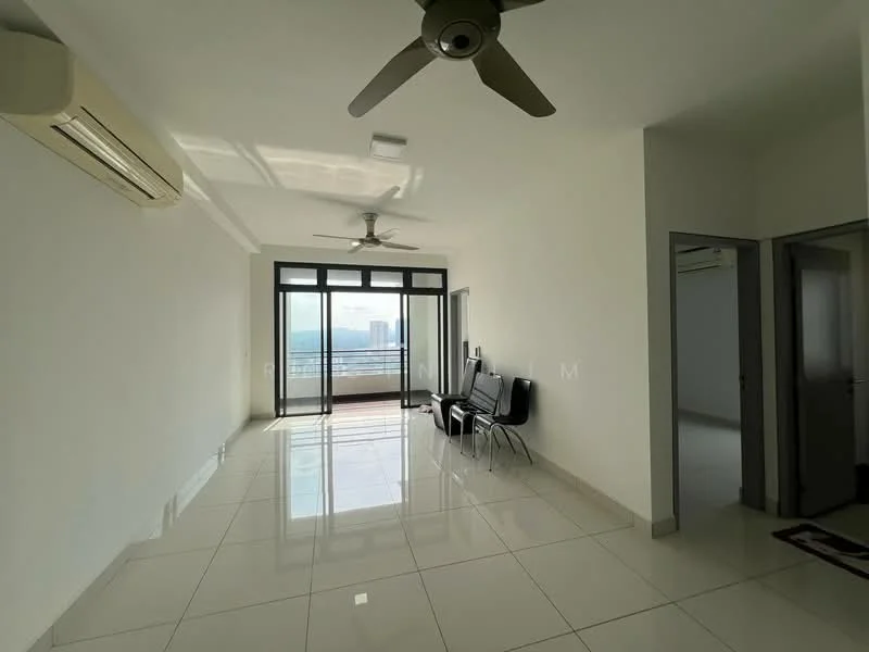 Living features: white painted walls, glossy tile flooring, 5-blade ceiling fan with light, floor-to-ceiling windows, sliding glass door, balcony access, air conditioning unit, natural light, open layout; style: modern; view: city. Room features: white painted walls, glossy tile flooring, doorway leading to other rooms.