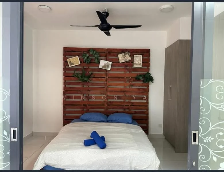 Bedroom features: queen-size bed with blue bedding, wooden feature wall with decorative items, built-in wardrobe, white walls, tile flooring, ceiling fan, decorative plants on wall; style: modern.