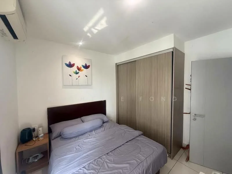Bedroom features: queen-size bed with grey bedding, wooden headboard, built-in wardrobe with sliding doors, white painted walls, recessed downlights, air conditioning unit on wall, framed artwork with floral design, nightstand with lamp, white tiled flooring, door to adjacent room; style: modern.