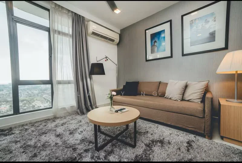 Living features: 3-seater fabric sofa in brown, round coffee table with black frame, floor lamp with black shade, wall-mounted air conditioning unit, curtains in light grey, textured wallpaper in light grey, area rug in grey, framed artwork on walls; style: modern; view: city.