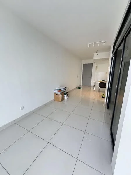 Room features: white painted walls, glossy ceramic tile flooring, sliding glass door, recessed downlights, open space layout, neutral color scheme, minimalist decor, box storage, visible dining area, kitchen area in background; style: modern.