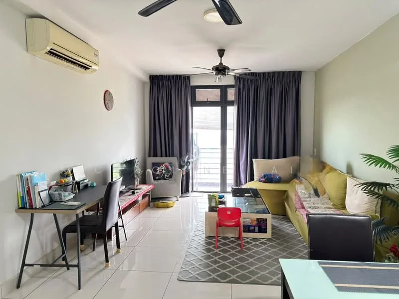 Living features: cream painted walls, white tiled flooring, 5-blade ceiling fan with light, floor-to-ceiling windows, sliding glass door, grey curtains, sofa in yellow, coffee table, TV console, wall-mounted TV, area rug with geometric pattern, decorative plant, study desk, chair; style: modern.