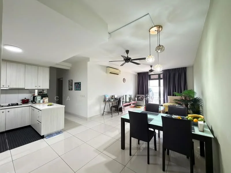 Kitchen features: white cabinetry, black countertop, stainless-steel sink, chrome pull-down faucet, built-in gas stove, exhaust hood, ceramic tile flooring, recessed downlights; style: modern. Dining features: 6-seater dining table, black dining chairs, decorative fruit bowl, table setting with plates and glasses, pendant lighting, ceramic tile flooring; style: modern. Living features: sofa in beige, coffee table, TV console, wall-mounted TV, floor-to-ceiling windows, curtains, ceiling fan with light, area rug, decorative plants; style: modern.