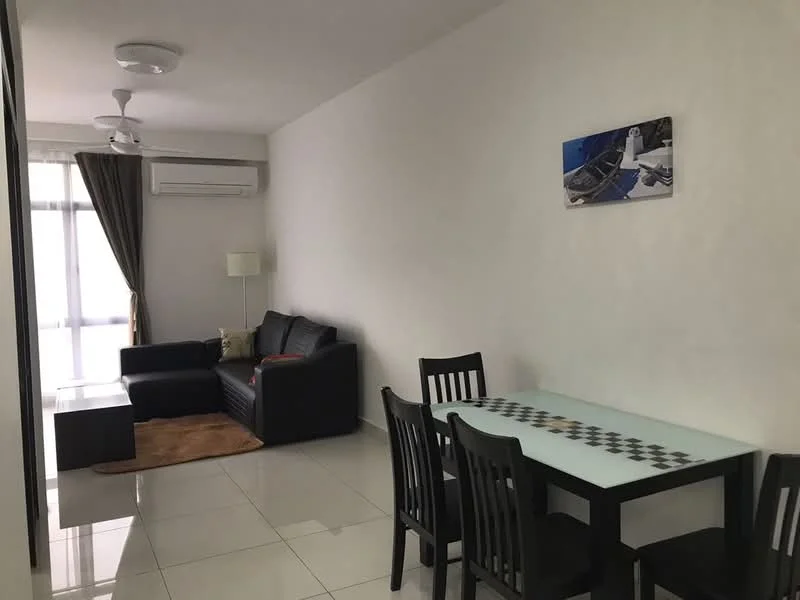 Living features: 3-seater black leather sofa, coffee table, area rug, dining table with glass top, 4 black dining chairs, floor-to-ceiling windows, curtains, wall-mounted air conditioning unit, ceiling fan with light, decorative wall art, white painted walls, glossy tile flooring; style: modern.