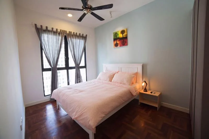 Bedroom features: queen-size bed with white bedding, upholstered headboard, nightstand with lamp, wooden flooring, floor-to-ceiling windows, sheer curtains, dark grey curtains, wall-mounted artwork, ceiling fan with light, built-in wardrobe; style: modern; view: city.