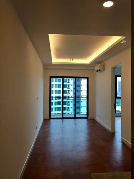 Living features: wooden flooring, white painted walls, tray ceiling with recessed lighting, floor-to-ceiling windows, sliding glass door, air conditioning unit, balcony access, natural light; style: modern; view: city.