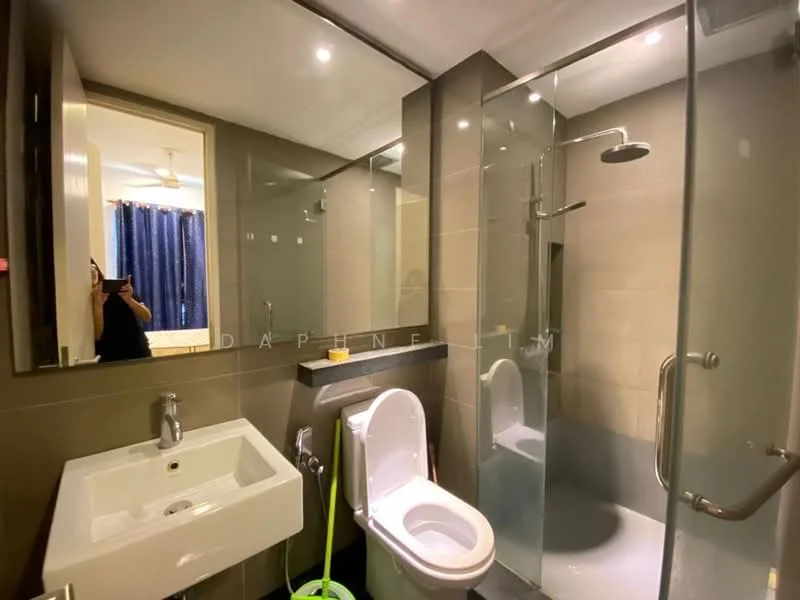 Bathroom features: single-sink vanity with wall-mounted cabinet, chrome basin mixer faucet, framed mirror, walk-in shower with glass enclosure, rain shower head, handheld shower, toilet, grey tile flooring, grey wall tiles, recessed downlights, sliding door, window with sheer curtains; style: modern.