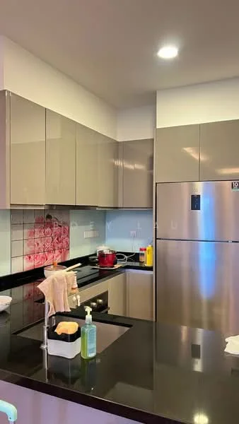 Kitchen features: grey high-gloss cabinetry, black granite countertop, stainless-steel fridge, built-in oven, 4-burner gas hob, stainless-steel sink, chrome pull-down faucet, white tiled backsplash with floral pattern, recessed downlights, open shelving, kitchen island with seating; style: modern.